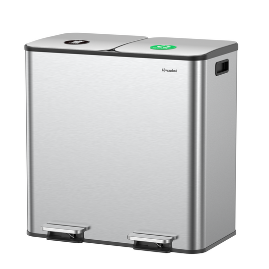 Dual Trash and Recycling Bins for Kitchen, 2×13 Gallon (2× 50L) Stainless Steel Trash and Recycle Bin Combo with Soft-Close Lid, Large Garbage Cans for Kitchen Home with 2 Magnets Sticker, Silver