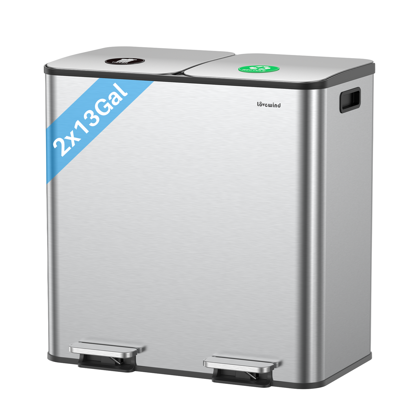 Dual Trash and Recycling Bins for Kitchen, 2×13 Gallon (2× 50L) Stainless Steel Trash and Recycle Bin Combo with Soft-Close Lid, Large Garbage Cans for Kitchen Home with 2 Magnets Sticker, Silver