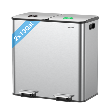 Dual Trash and Recycling Bins for Kitchen, 2×13 Gallon (2× 50L) Stainless Steel Trash and Recycle Bin Combo with Soft-Close Lid, Large Garbage Cans for Kitchen Home with 2 Magnets Sticker, Silver
