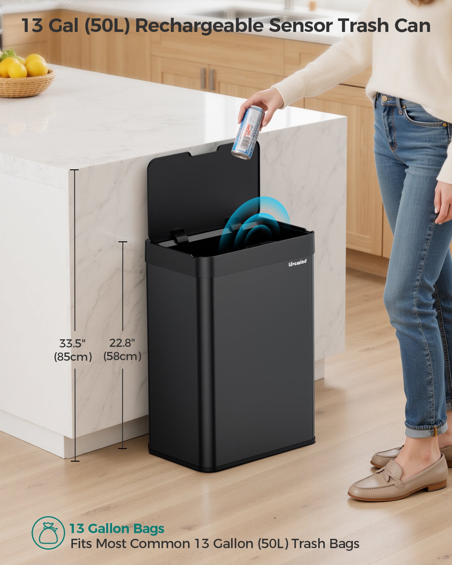 Kitchen Trash Can Touchless, 13 Gallon/50 L Stainless Steel Automatic Motion Sensor Trash Can, Type-C Rechargeable Garbage Can with Lid, Silent Close, Touchless Trash Bin for Home Kitchen, Black
