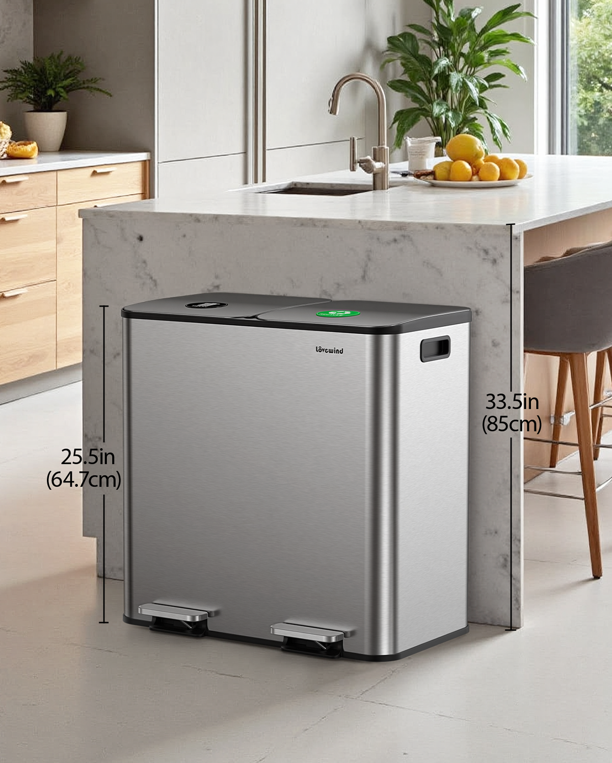 Dual Trash and Recycling Bins for Kitchen, 2×13 Gallon (2× 50L) Stainless Steel Trash and Recycle Bin Combo with Soft-Close Lid, Large Garbage Cans for Kitchen Home with 2 Magnets Sticker, Silver