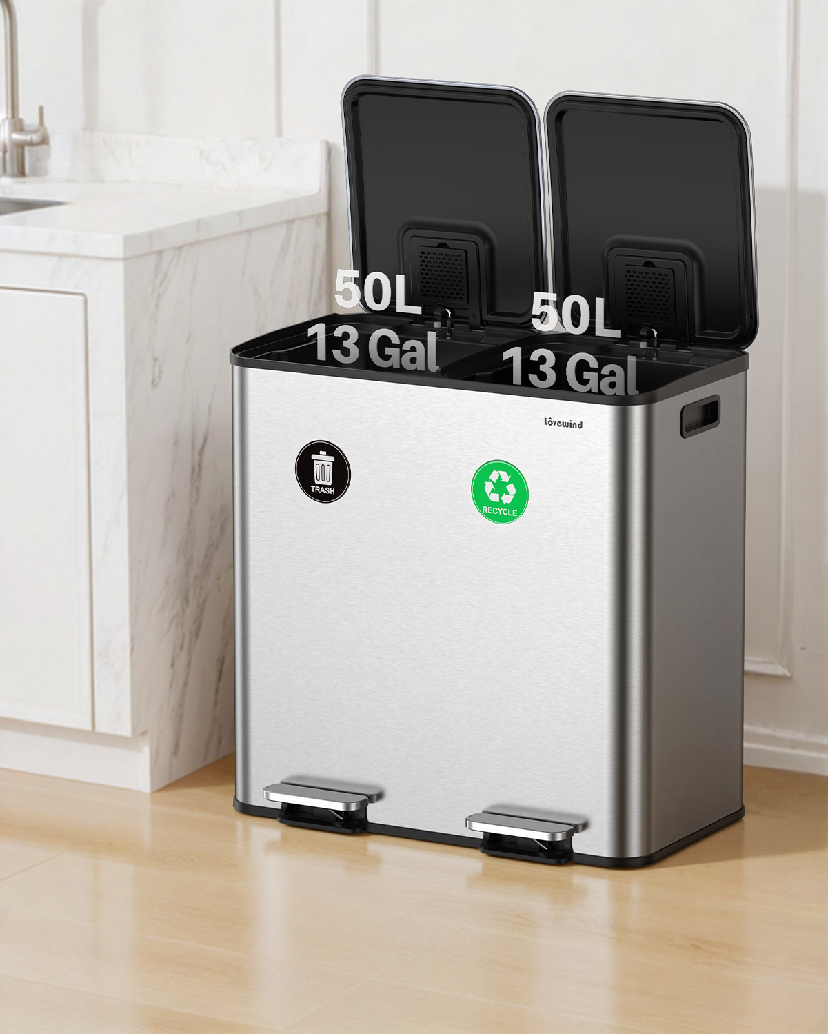 Dual Trash and Recycling Bins for Kitchen, 2×13 Gallon (2× 50L) Stainless Steel Trash and Recycle Bin Combo with Soft-Close Lid, Large Garbage Cans for Kitchen Home with 2 Magnets Sticker, Silver
