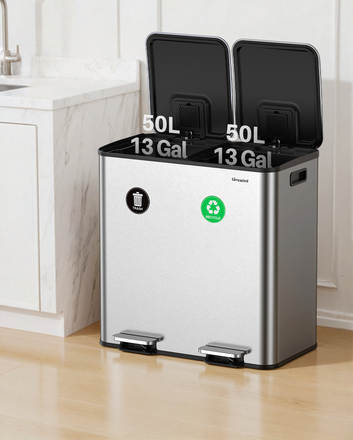 Dual Trash and Recycling Bins for Kitchen, 2×13 Gallon (2× 50L) Stainless Steel Trash and Recycle Bin Combo with Soft-Close Lid, Large Garbage Cans for Kitchen Home with 2 Magnets Sticker, Silver