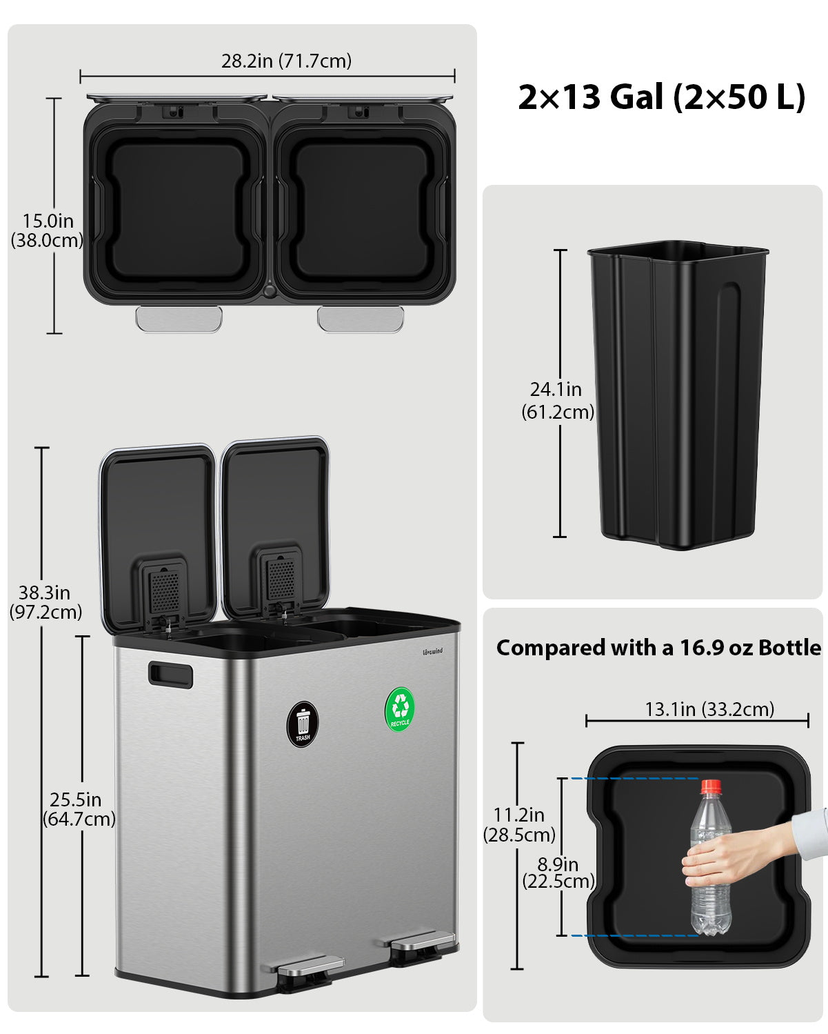 Dual Trash and Recycling Bins for Kitchen, 2×13 Gallon (2× 50L) Stainless Steel Trash and Recycle Bin Combo with Soft-Close Lid, Large Garbage Cans for Kitchen Home with 2 Magnets Sticker, Silver