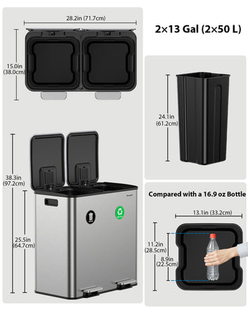 Dual Trash and Recycling Bins for Kitchen, 2×13 Gallon (2× 50L) Stainless Steel Trash and Recycle Bin Combo with Soft-Close Lid, Large Garbage Cans for Kitchen Home with 2 Magnets Sticker, Silver