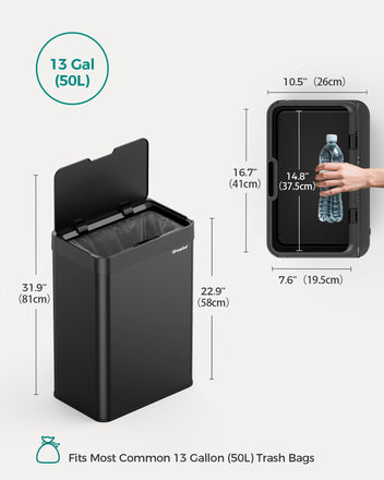 Kitchen Trash Can Touchless, 13 Gallon/50 L Stainless Steel Automatic Motion Sensor Trash Can, Type-C Rechargeable Garbage Can with Lid, Silent Close, Touchless Trash Bin for Home Kitchen, Black