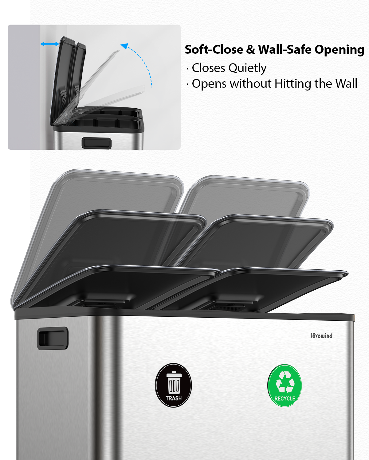 Dual Trash and Recycling Bins for Kitchen, 2×13 Gallon (2× 50L) Stainless Steel Trash and Recycle Bin Combo with Soft-Close Lid, Large Garbage Cans for Kitchen Home with 2 Magnets Sticker, Silver