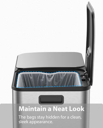 Dual Trash and Recycling Bins for Kitchen, 2×13 Gallon (2× 50L) Stainless Steel Trash and Recycle Bin Combo with Soft-Close Lid, Large Garbage Cans for Kitchen Home with 2 Magnets Sticker, Silver