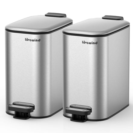 Lovewind 2 Pack Bathroom Trash Can with Lid, 1.6 Gallon/ 6 Liter Stainless Steel Garbage Can with Removable Inner Bucket, Step Pedal Wastebasket-Narrow Waste Bin for Bathroom, Toilet, Bedroom, Silver