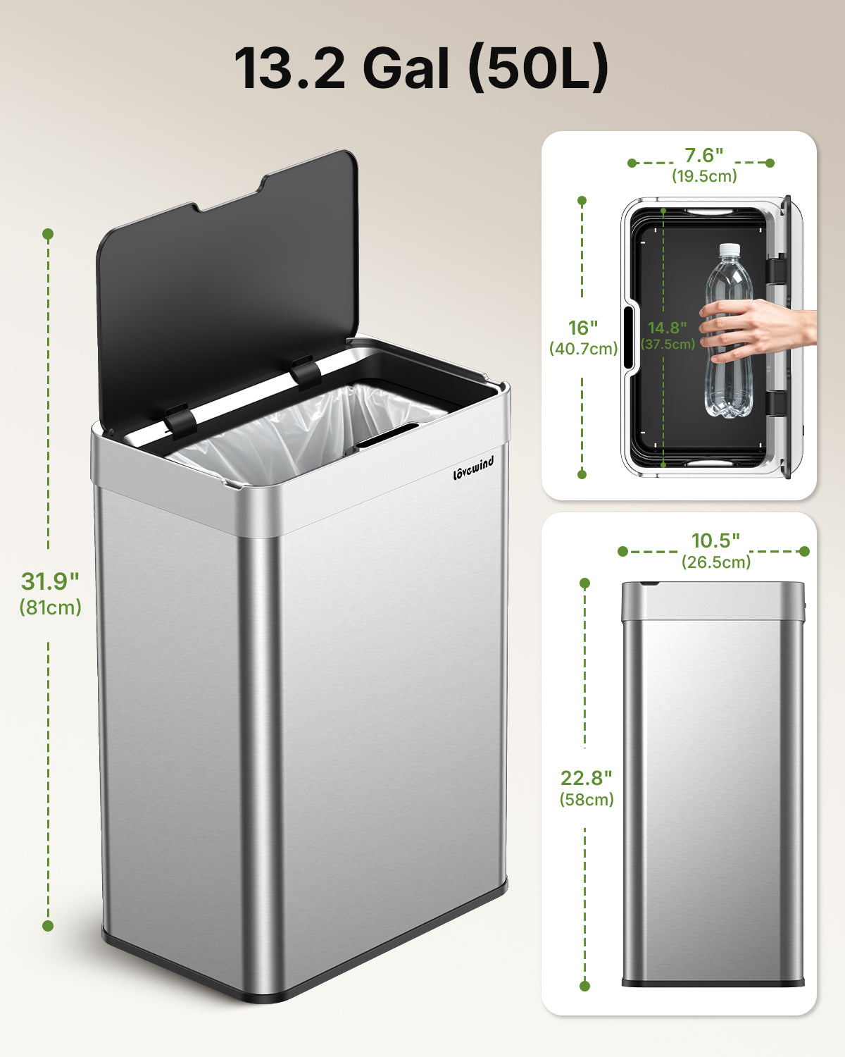 13.2 Gallon Automatic Kitchen Trash Can,Touchless Sensor Garbage Can,Silver